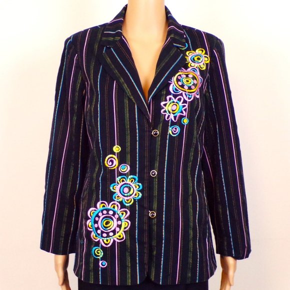 Bob Mackie Jackets & Blazers - BOB MACKIE WEARABLE ART size M blazer black + multicolor stripes & embroidery